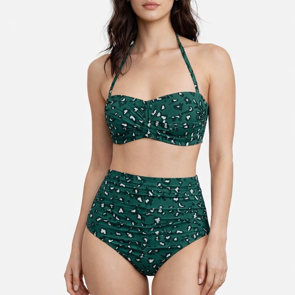 Garnet Hill NWT Bikini Set Women’s Size 2 Leopard High Waist Ruched Swimsuit